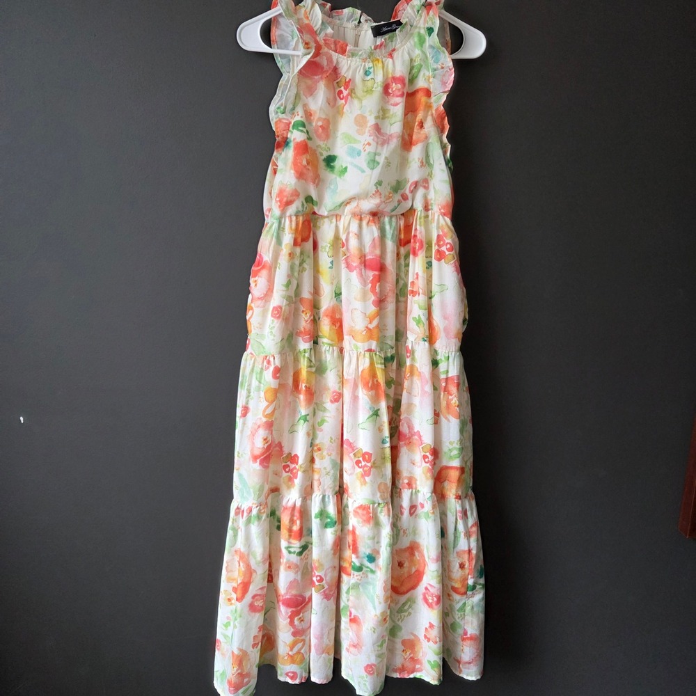 Anna Grace Floral Watercolor Tiered Midi Dress Sleeveless Ruffle Cotton Pink M